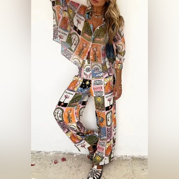 Pants - Whimsical Flowy Oversized Top Wide Leg Trousers Two Piece Set